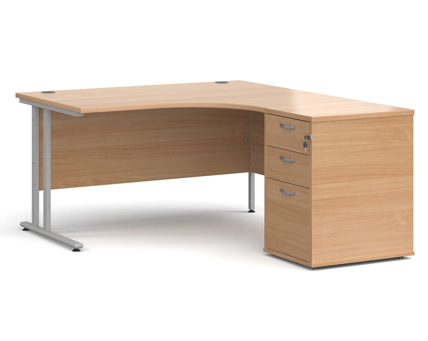 Maestro 25 - Ergonomic Right Hand Desk with Cantilever Frame and Pedestal - Silver Frame.