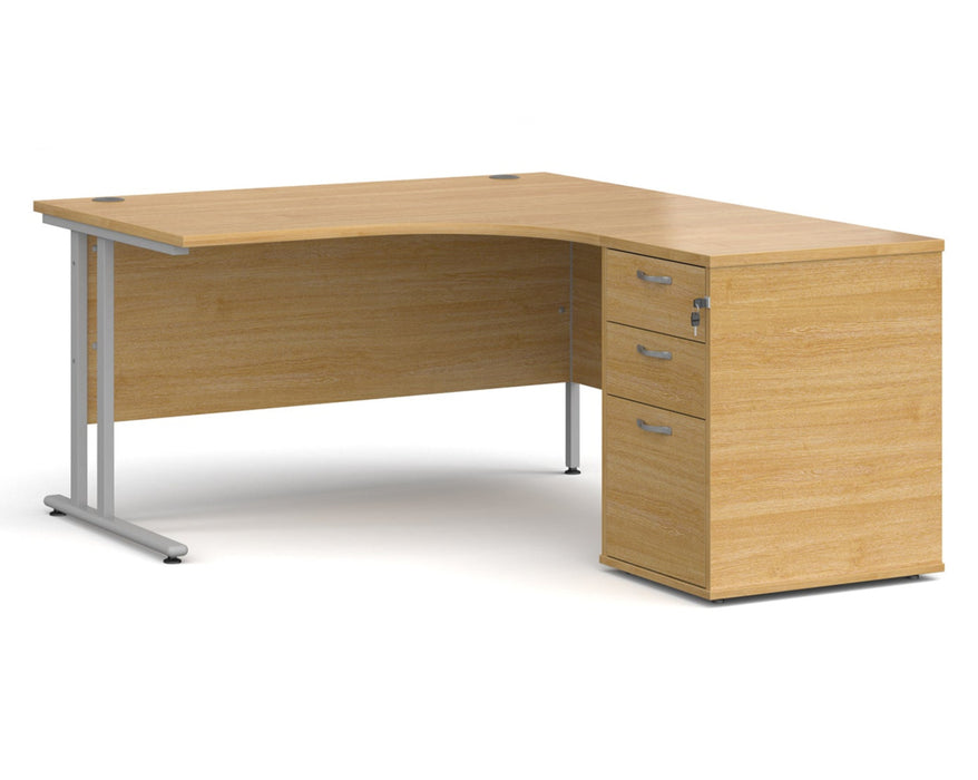 Maestro 25 - Ergonomic Right Hand Desk with Cantilever Frame and Pedestal - Silver Frame.