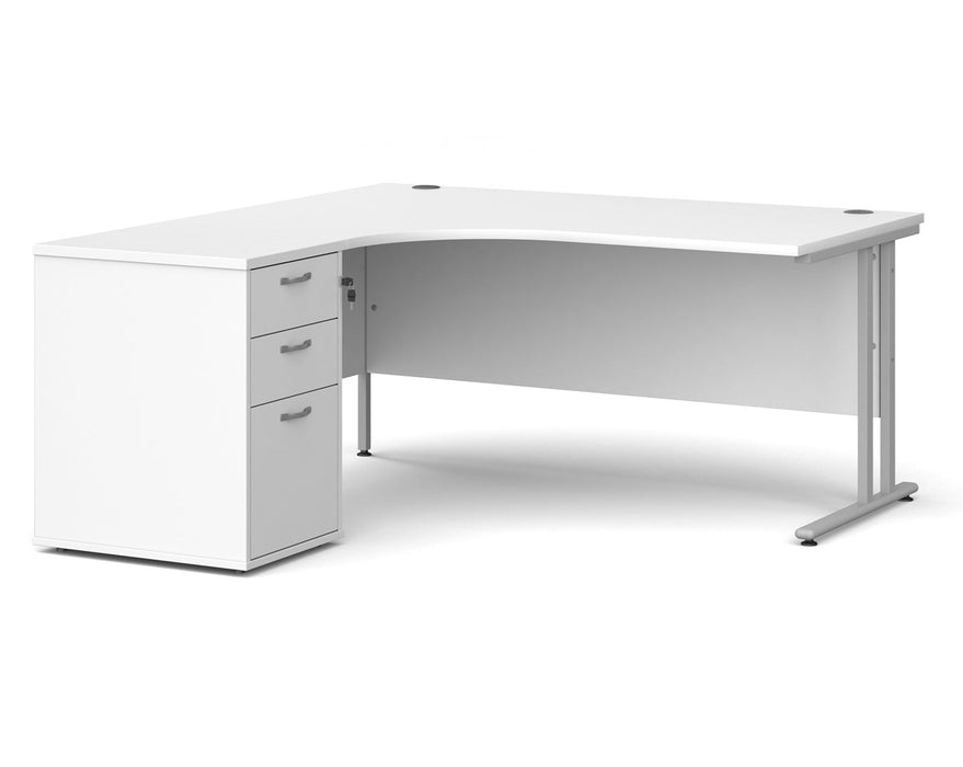 Maestro 25 - Ergonomic Left Hand Desk with Cantilever Frame and Pedestal - Silver Frame.