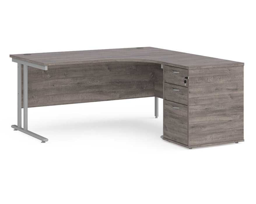 Maestro 25 - Ergonomic Right Hand Desk with Cantilever Frame and Pedestal - Silver Frame.