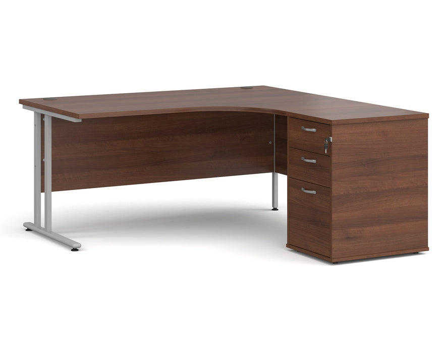 Maestro 25 - Ergonomic Right Hand Desk with Cantilever Frame and Pedestal - Silver Frame.