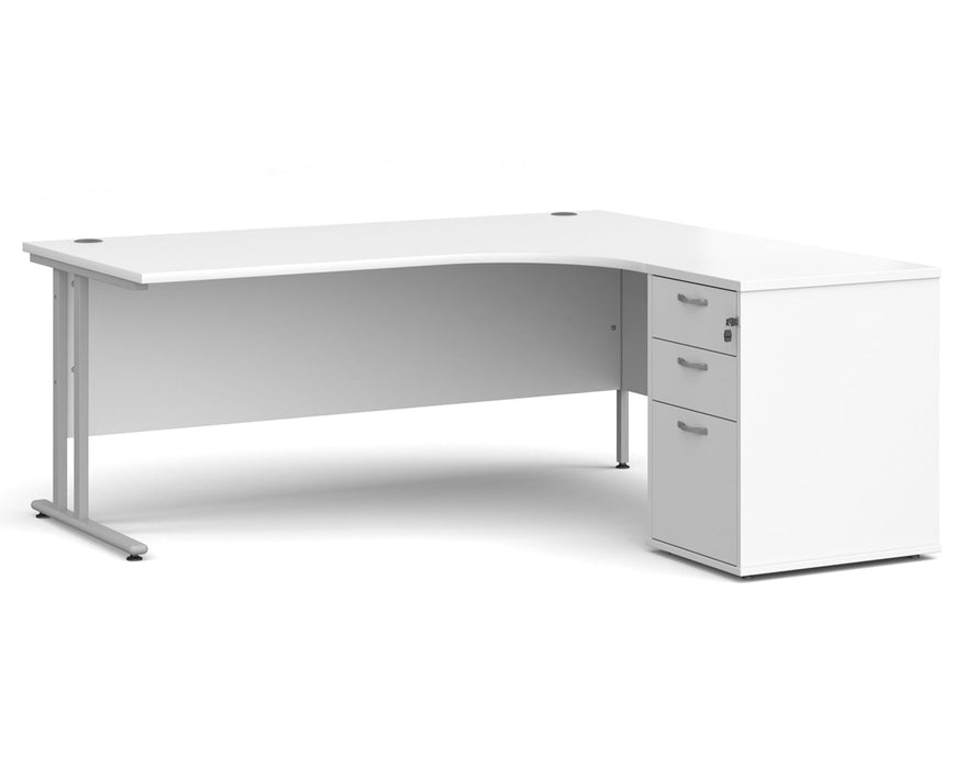 Maestro 25 - Ergonomic Right Hand Desk with Cantilever Frame and Pedestal - Silver Frame.