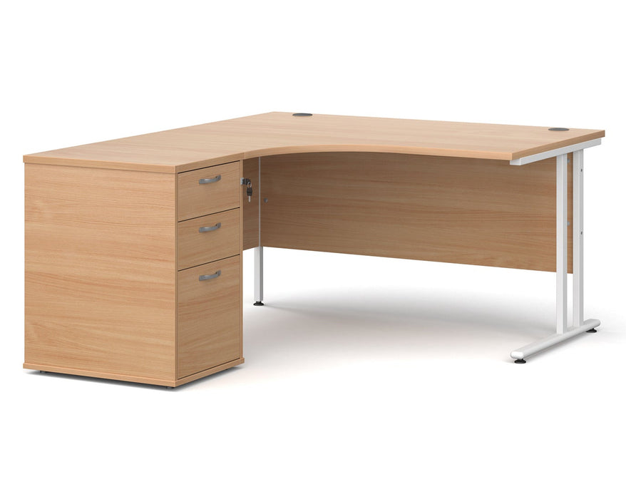 Maestro 25 - Ergonomic Left Hand Desk with Cantilever Frame and Pedestal - White Frame.