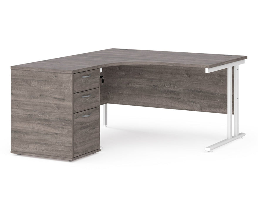 Maestro 25 - Ergonomic Left Hand Desk with Cantilever Frame and Pedestal - White Frame.