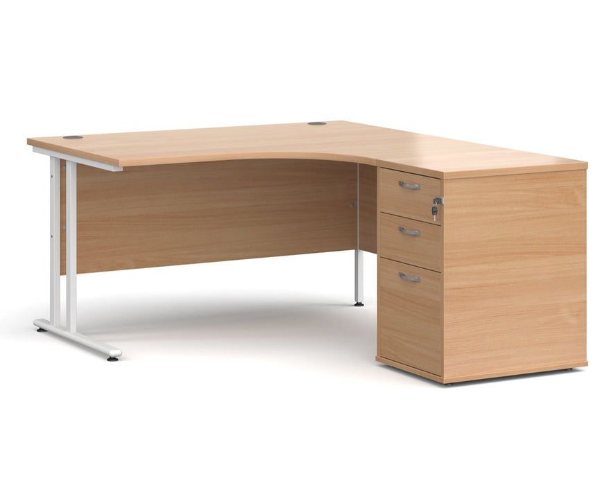 Maestro 25 - Ergonomic Right Hand Desk with Cantilever Frame and Pedestal - White Frame.