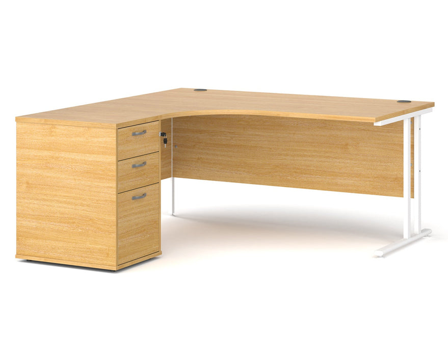 Maestro 25 - Ergonomic Left Hand Desk with Cantilever Frame and Pedestal - White Frame.