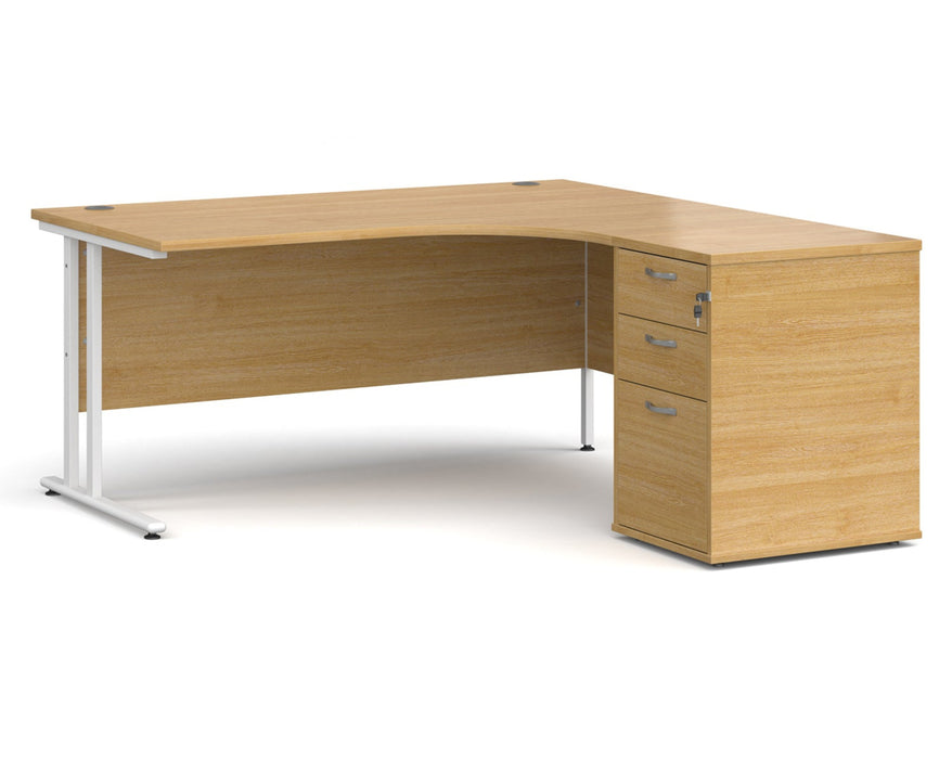 Maestro 25 - Ergonomic Right Hand Desk with Cantilever Frame and Pedestal - White Frame.