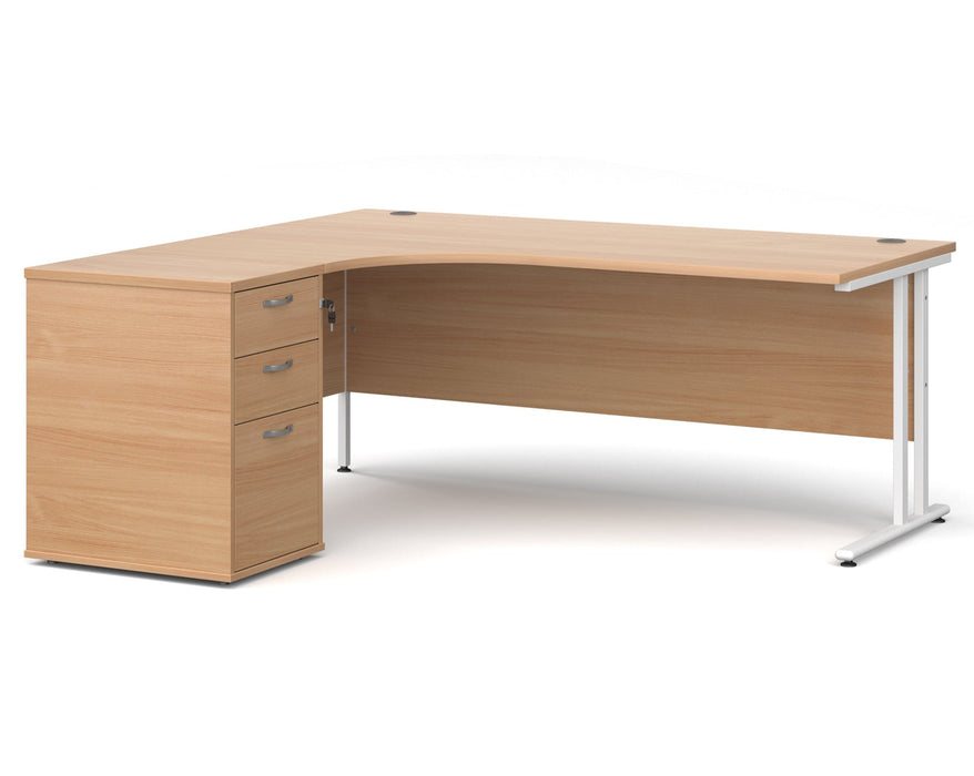 Maestro 25 - Ergonomic Left Hand Desk with Cantilever Frame and Pedestal - White Frame.