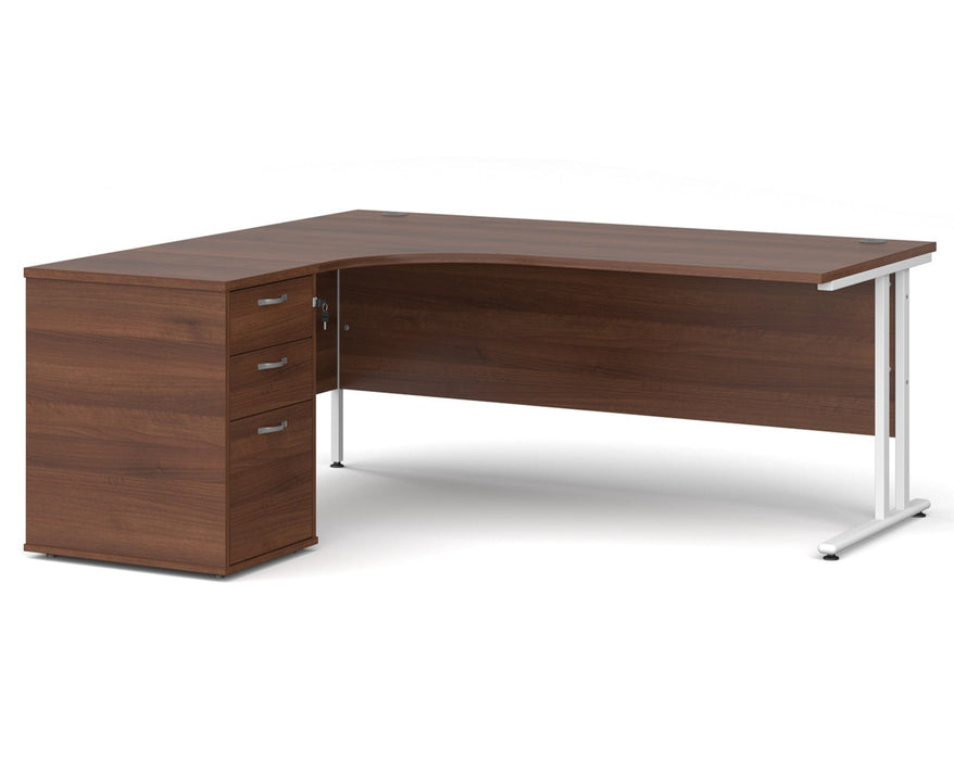 Maestro 25 - Ergonomic Left Hand Desk with Cantilever Frame and Pedestal - White Frame.