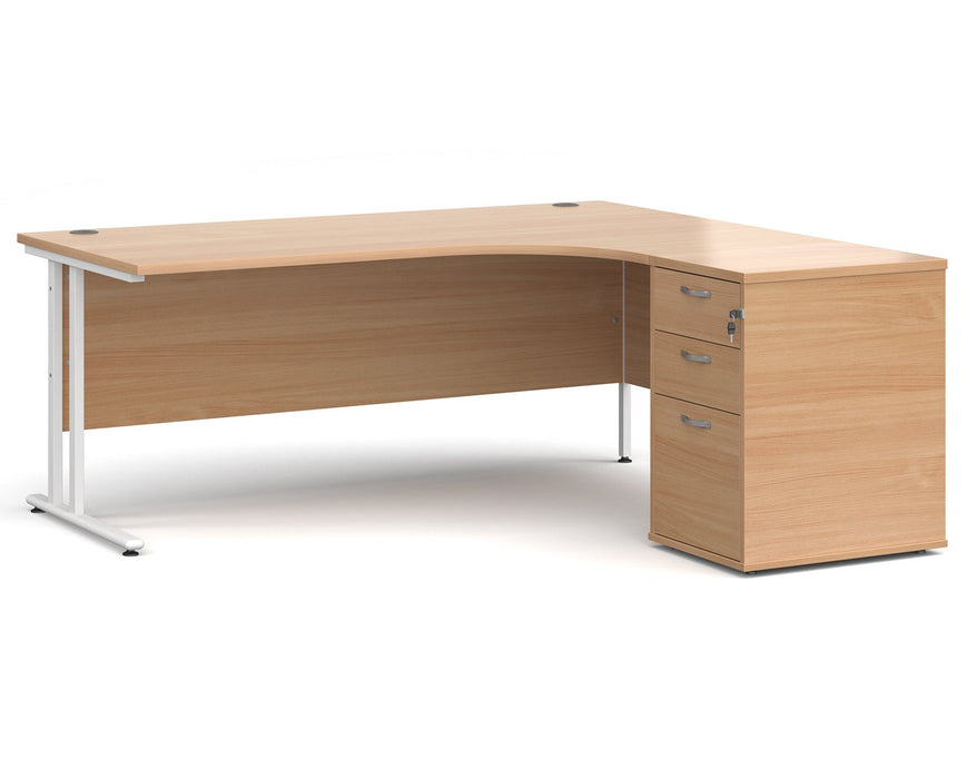 Maestro 25 - Ergonomic Right Hand Desk with Cantilever Frame and Pedestal - White Frame.