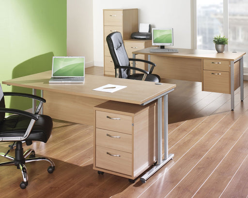 Maestro 25 - Left or Right Hand Wave Desk with 2 Drawer Pedestal 800-990mm Deep - Silver Frame.