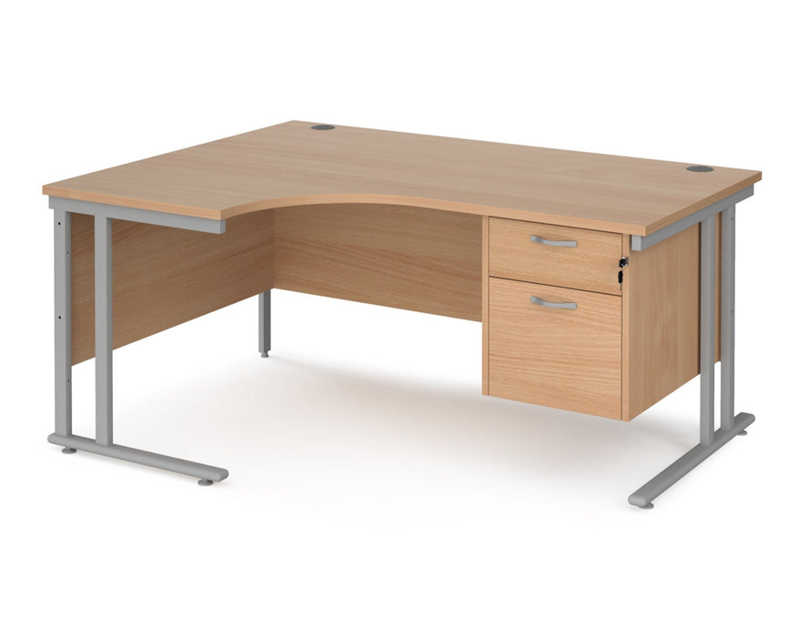 Maestro 25 - Left or Right Hand Ergonomic Desk with 2 Drawer Pedestal - Silver Cantilever Leg Frame.