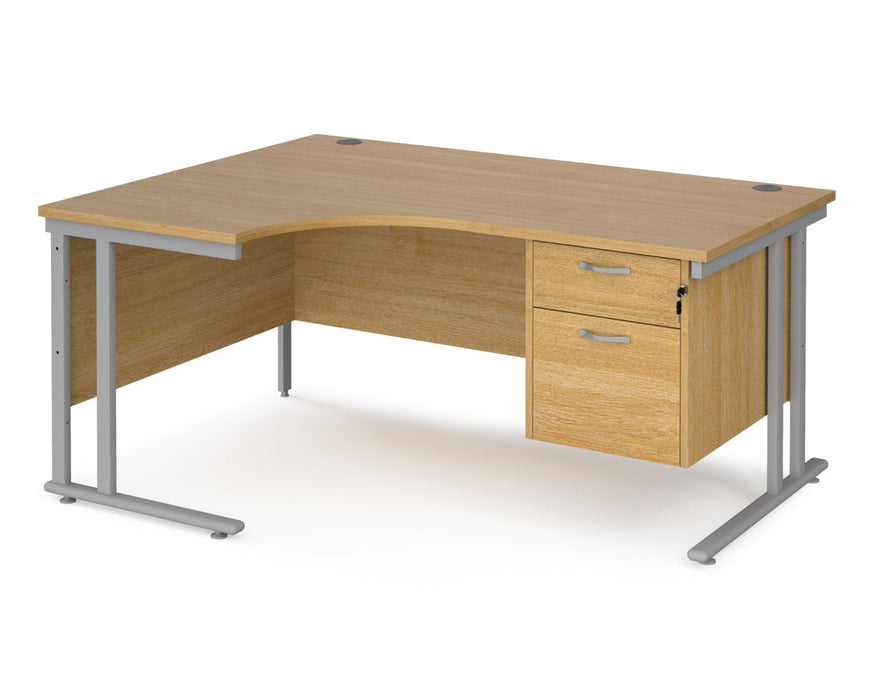 Maestro 25 - Left or Right Hand Ergonomic Desk with 2 Drawer Pedestal - Silver Cantilever Leg Frame.