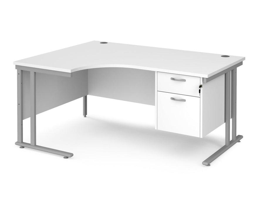 Maestro 25 - Left or Right Hand Ergonomic Desk with 2 Drawer Pedestal - Silver Cantilever Leg Frame.