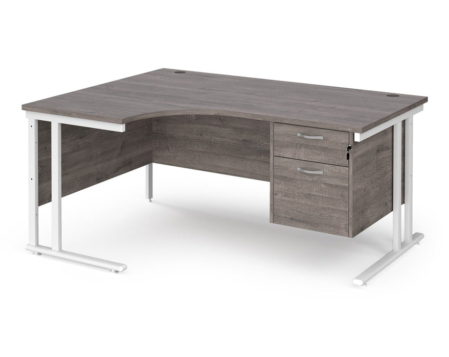 Maestro 25 - Left or Right Hand Ergonomic Desk with 2 Drawer Pedestal - White Cantilever Leg Frame.