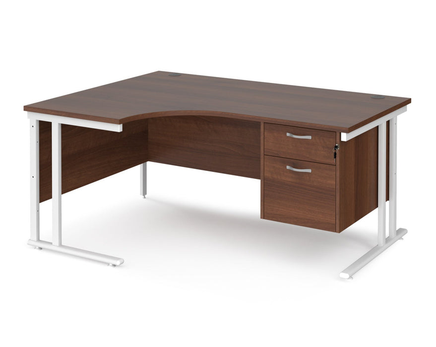 Maestro 25 - Left or Right Hand Ergonomic Desk with 2 Drawer Pedestal - White Cantilever Leg Frame.