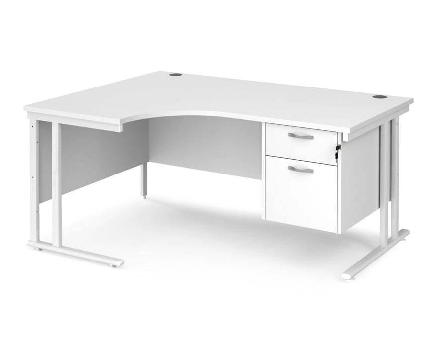 Maestro 25 - Left or Right Hand Ergonomic Desk with 2 Drawer Pedestal - White Cantilever Leg Frame.