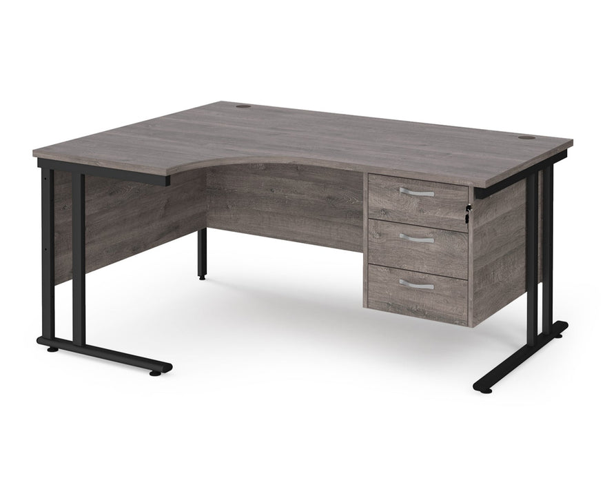 Maestro 25 - Left or Right Hand Ergonomic Desk with 3 Drawer Pedestal - Black Cantilever Leg Frame.