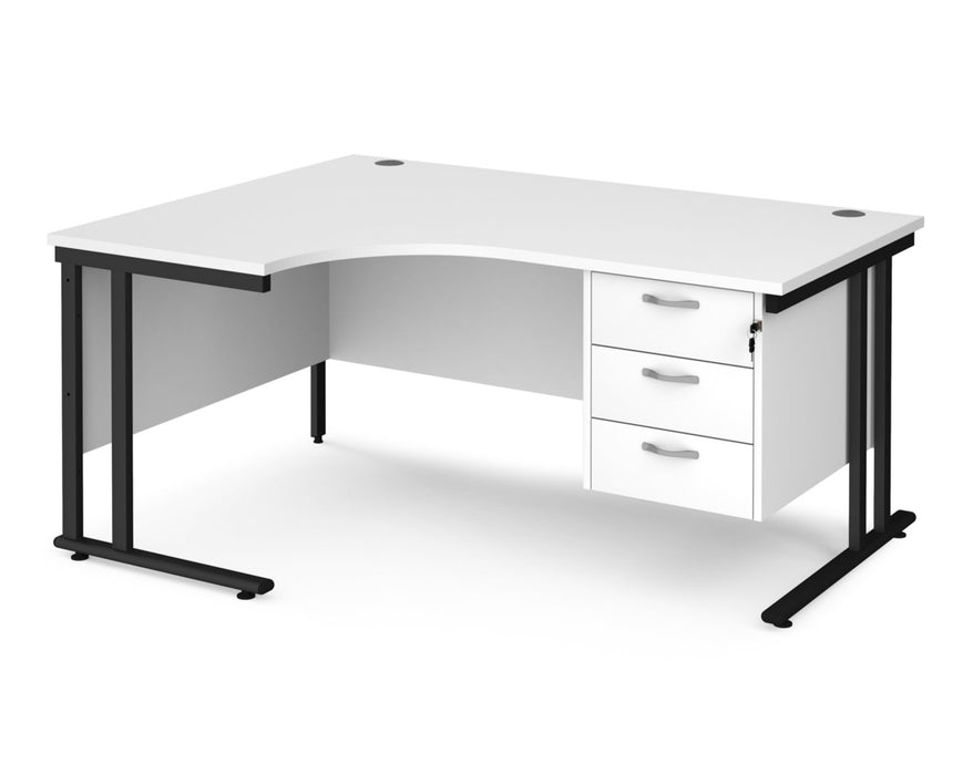 Maestro 25 - Left or Right Hand Ergonomic Desk with 3 Drawer Pedestal - Black Cantilever Leg Frame.