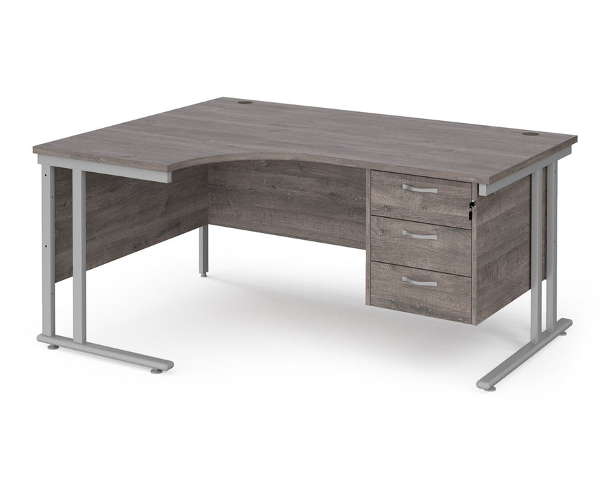 Maestro 25 - Left or Right Hand Ergonomic Desk with 3 Drawer Pedestal - Silver Cantilever Leg Frame.