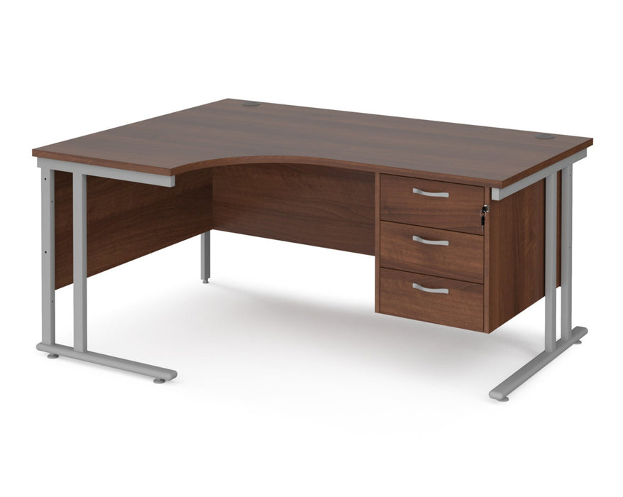 Maestro 25 - Left or Right Hand Ergonomic Desk with 3 Drawer Pedestal - Silver Cantilever Leg Frame.