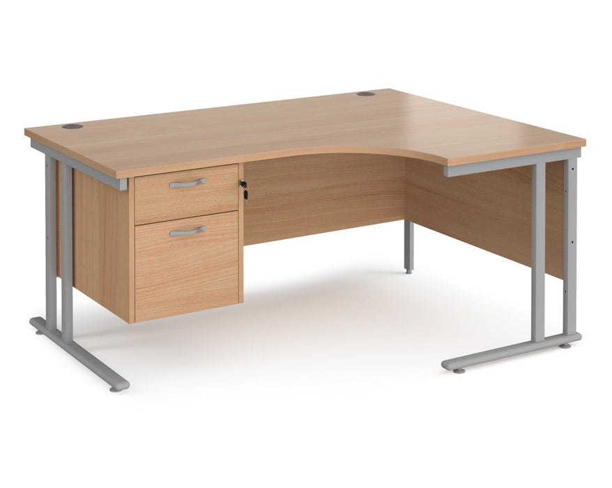 Maestro 25 - Left or Right Hand Ergonomic Desk with 2 Drawer Pedestal - Silver Cantilever Leg Frame.