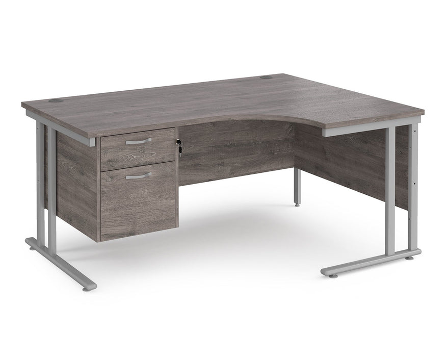 Maestro 25 - Left or Right Hand Ergonomic Desk with 2 Drawer Pedestal - Silver Cantilever Leg Frame.