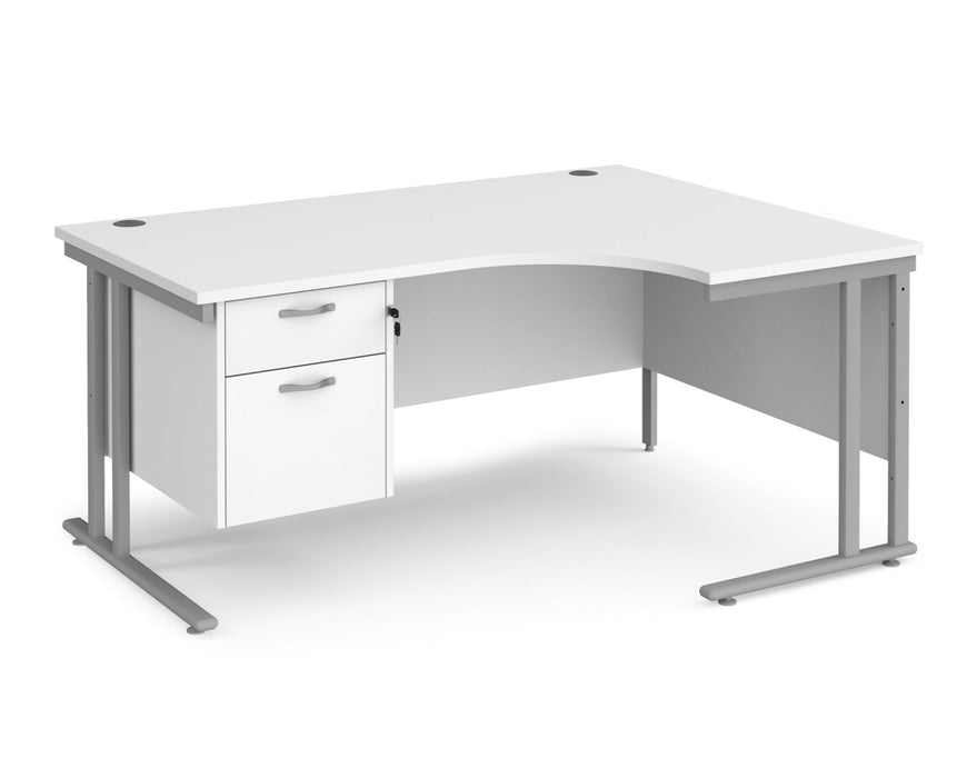 Maestro 25 - Left or Right Hand Ergonomic Desk with 2 Drawer Pedestal - Silver Cantilever Leg Frame.