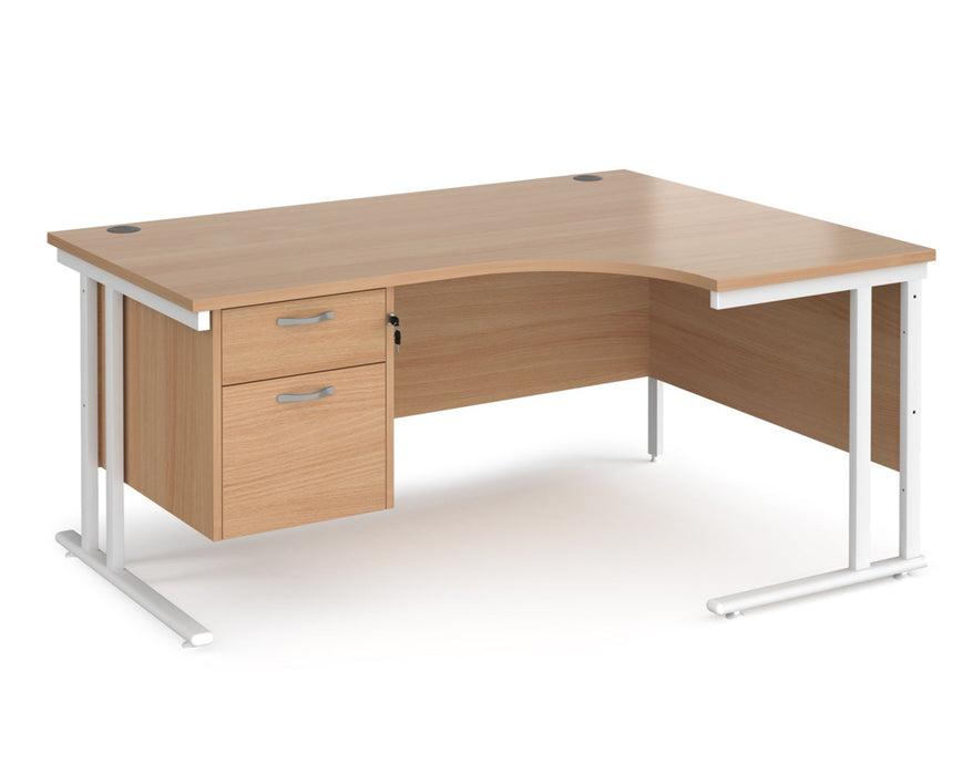 Maestro 25 - Left or Right Hand Ergonomic Desk with 2 Drawer Pedestal - White Cantilever Leg Frame.