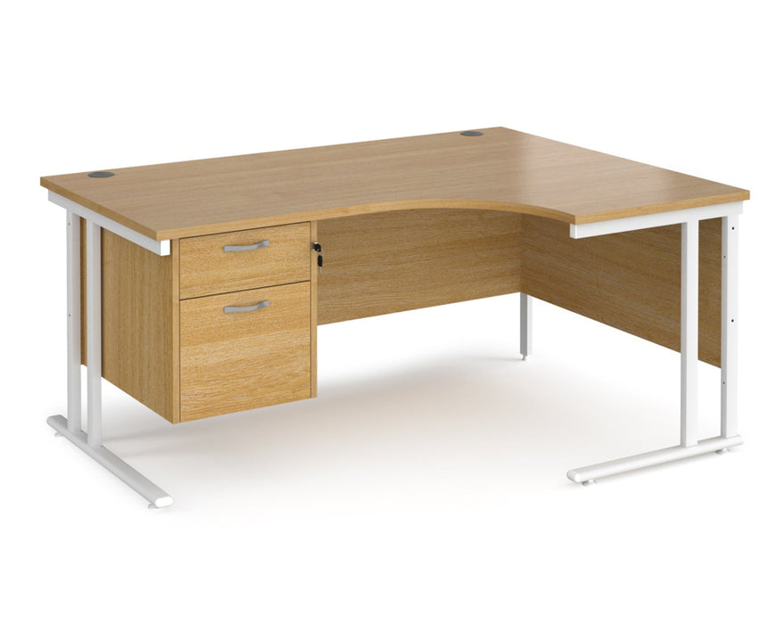 Maestro 25 - Left or Right Hand Ergonomic Desk with 2 Drawer Pedestal - White Cantilever Leg Frame.