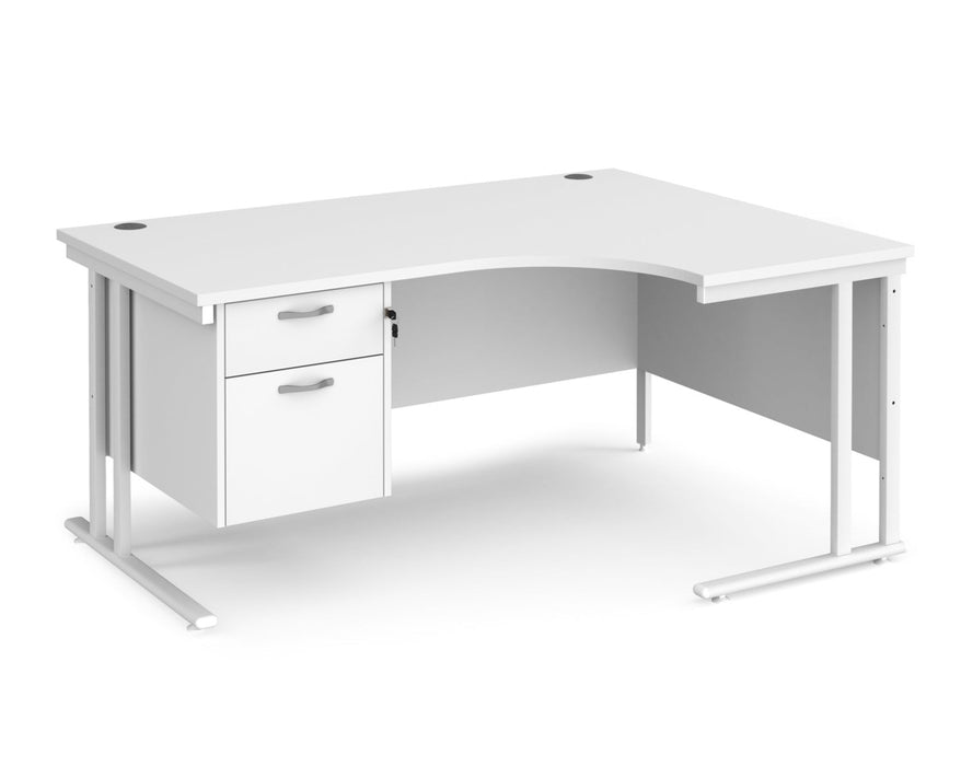 Maestro 25 - Left or Right Hand Ergonomic Desk with 2 Drawer Pedestal - White Cantilever Leg Frame.