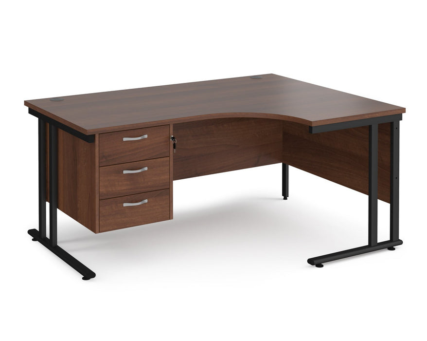 Maestro 25 - Left or Right Hand Ergonomic Desk with 3 Drawer Pedestal - Black Cantilever Leg Frame.