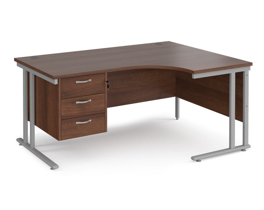 Maestro 25 - Left or Right Hand Ergonomic Desk with 3 Drawer Pedestal - Silver Cantilever Leg Frame.