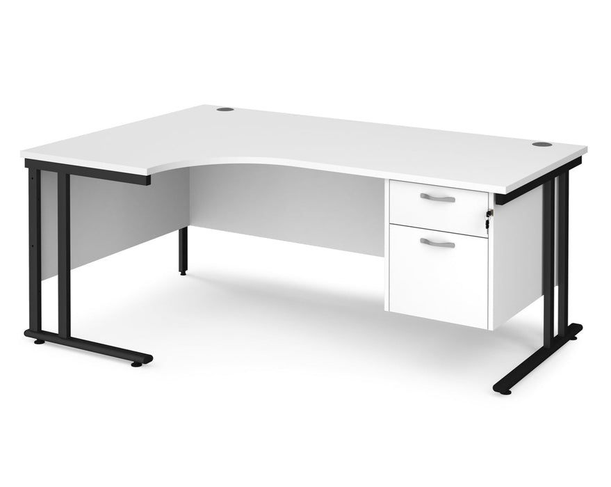 Maestro 25 - Left or Right Hand Ergonomic Desk with 2 Drawer Pedestal - Black Cantilever Leg Frame.