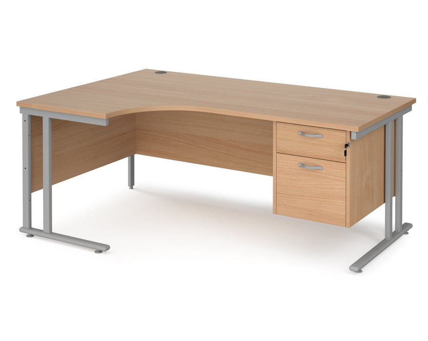 Maestro 25 - Left or Right Hand Ergonomic Desk with 2 Drawer Pedestal - Silver Cantilever Leg Frame.