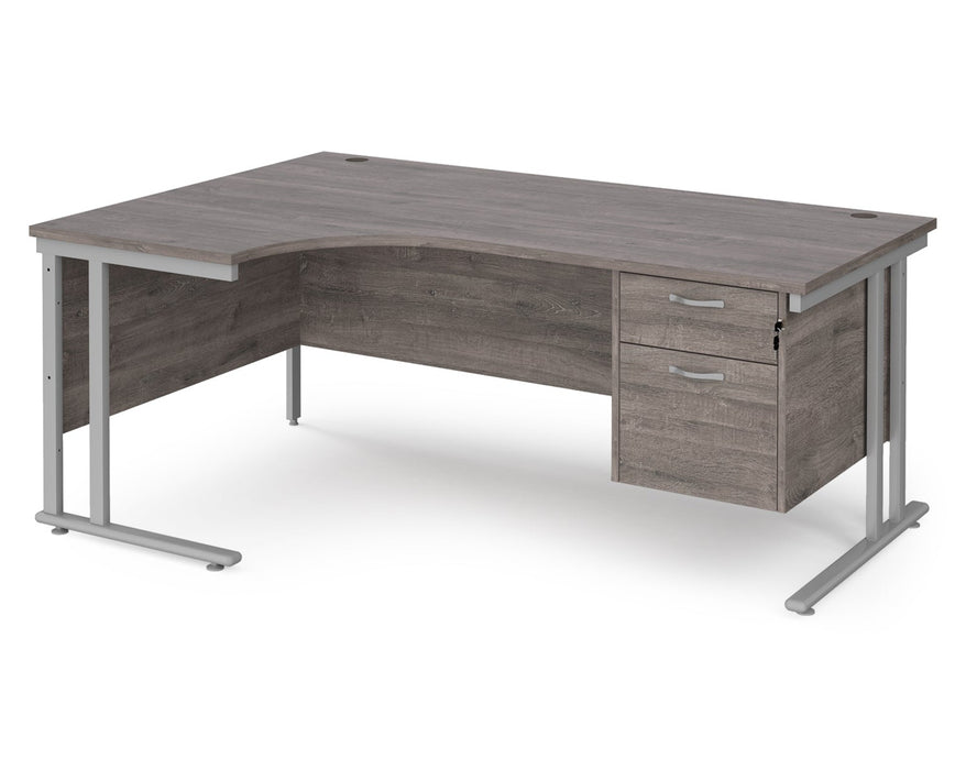 Maestro 25 - Left or Right Hand Ergonomic Desk with 2 Drawer Pedestal - Silver Cantilever Leg Frame.