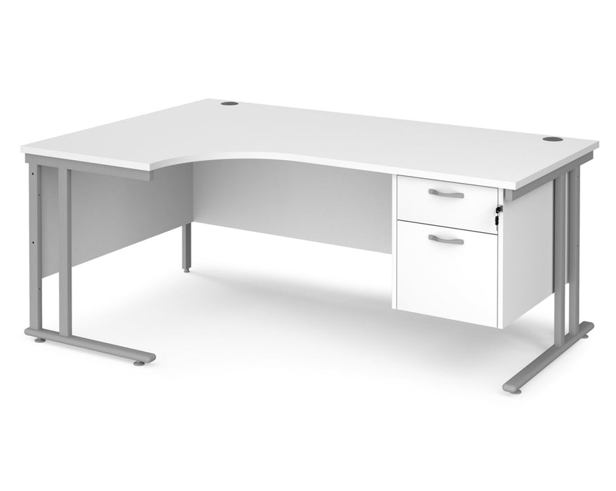 Maestro 25 - Left or Right Hand Ergonomic Desk with 2 Drawer Pedestal - Silver Cantilever Leg Frame.