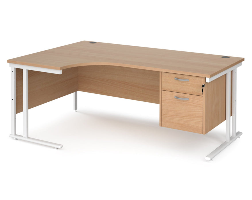 Maestro 25 - Left or Right Hand Ergonomic Desk with 2 Drawer Pedestal - White Cantilever Leg Frame.