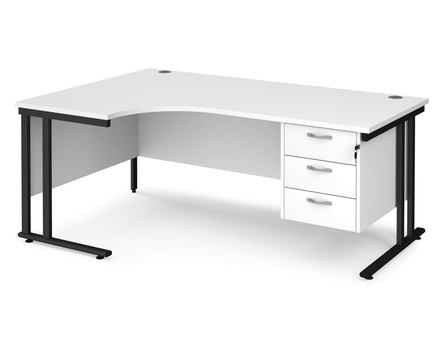 Maestro 25 - Left or Right Hand Ergonomic Desk with 3 Drawer Pedestal - Black Cantilever Leg Frame.