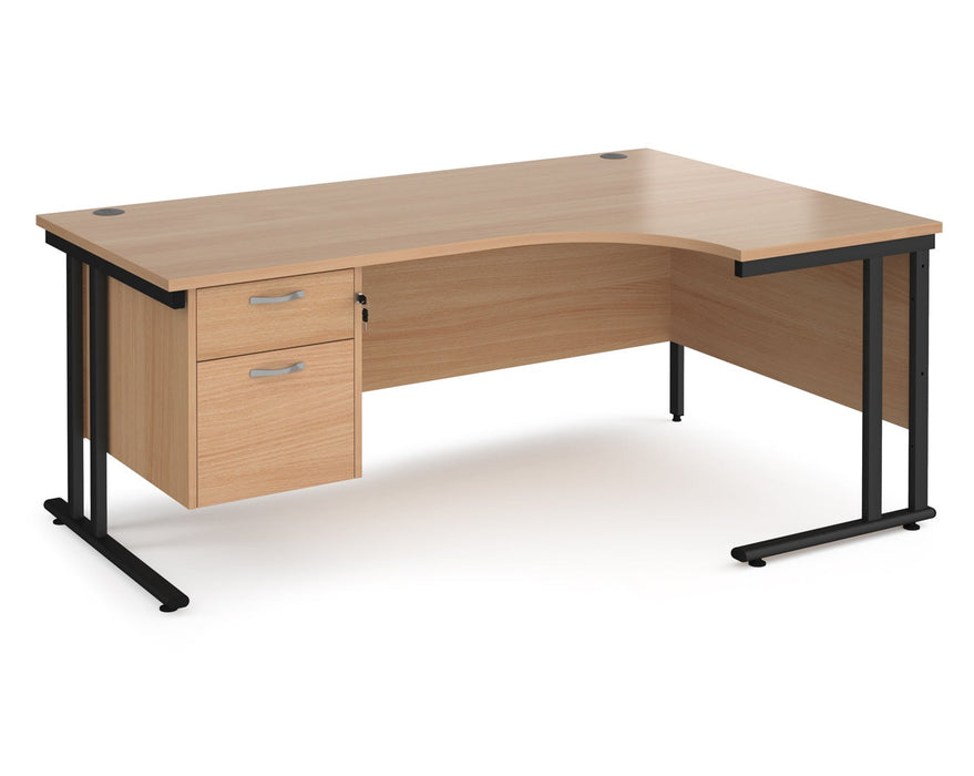 Maestro 25 - Left or Right Hand Ergonomic Desk with 2 Drawer Pedestal - Black Cantilever Leg Frame.