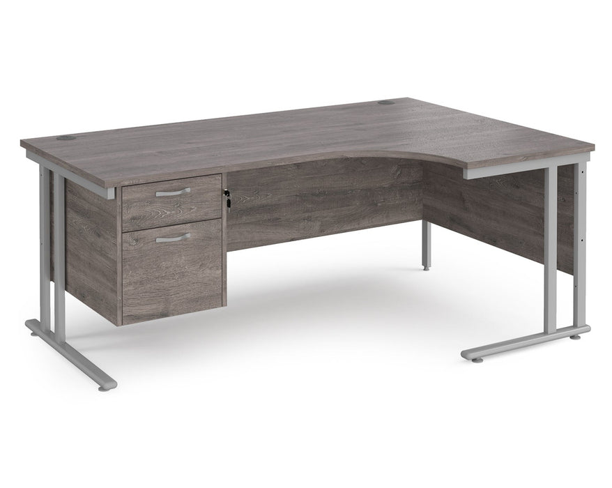 Maestro 25 - Left or Right Hand Ergonomic Desk with 2 Drawer Pedestal - Silver Cantilever Leg Frame.