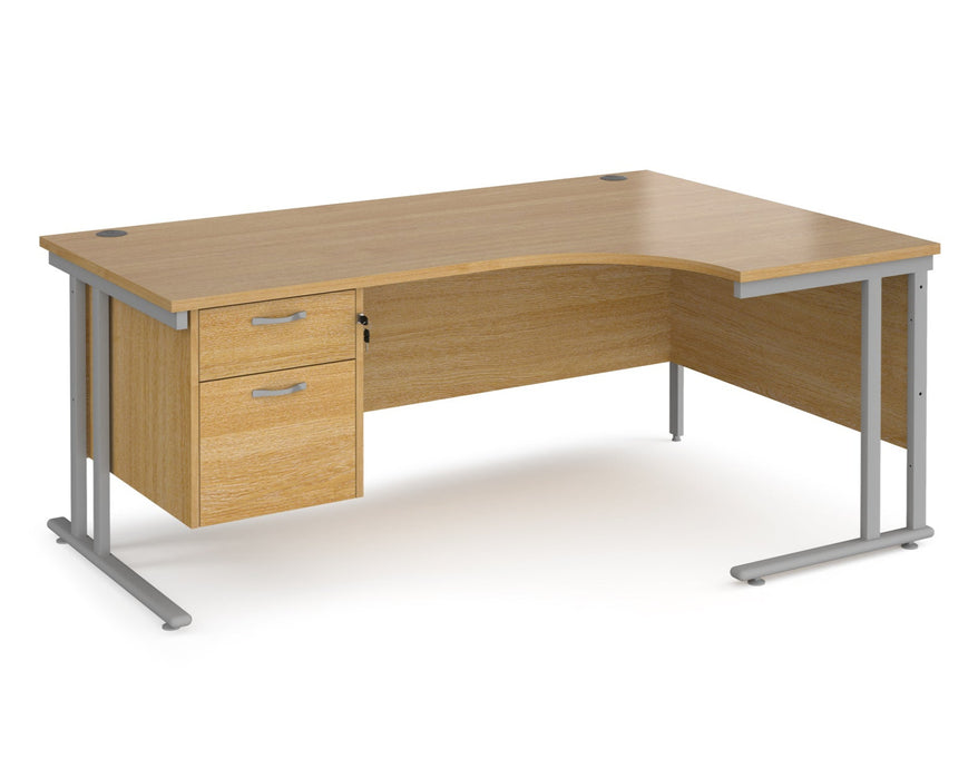 Maestro 25 - Left or Right Hand Ergonomic Desk with 2 Drawer Pedestal - Silver Cantilever Leg Frame.