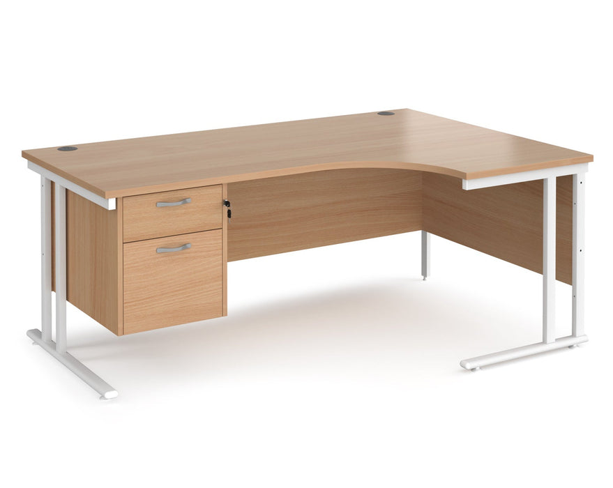 Maestro 25 - Left or Right Hand Ergonomic Desk with 2 Drawer Pedestal - White Cantilever Leg Frame.