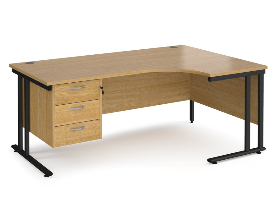 Maestro 25 - Left or Right Hand Ergonomic Desk with 3 Drawer Pedestal - Black Cantilever Leg Frame.