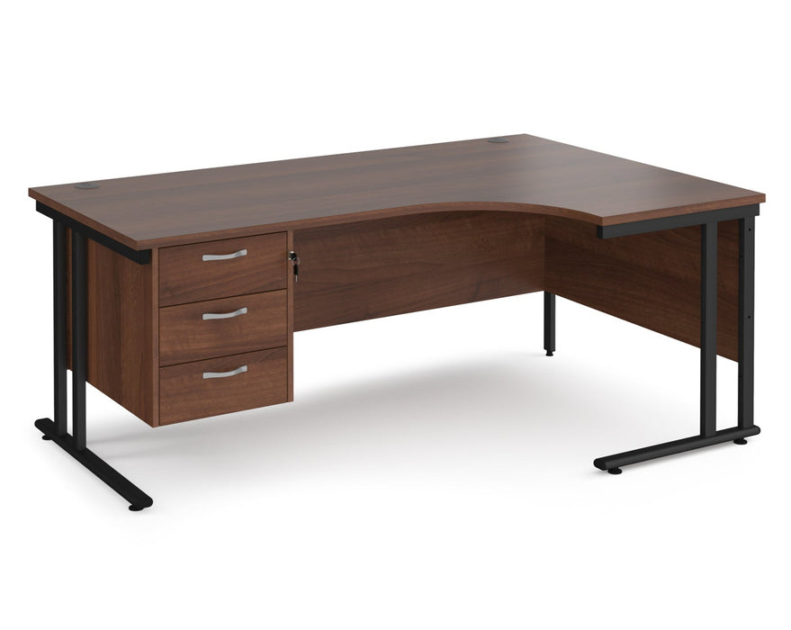 Maestro 25 - Left or Right Hand Ergonomic Desk with 3 Drawer Pedestal - Black Cantilever Leg Frame.