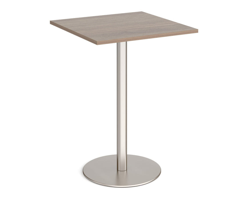 Monza square poseur table with flat round brushed steel base