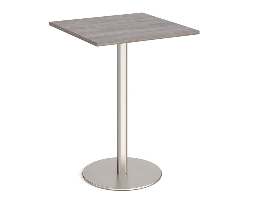 Monza square poseur table with flat round brushed steel base