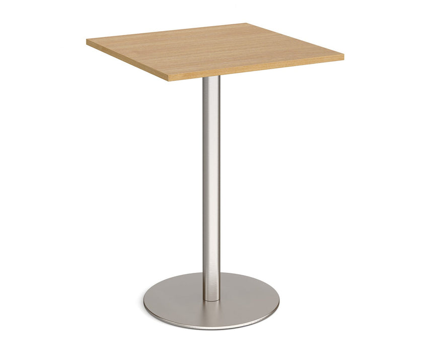 Monza square poseur table with flat round brushed steel base