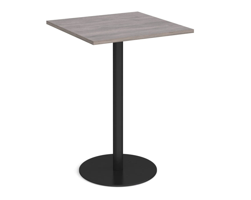 Monza square poseur table with flat round brushed steel base