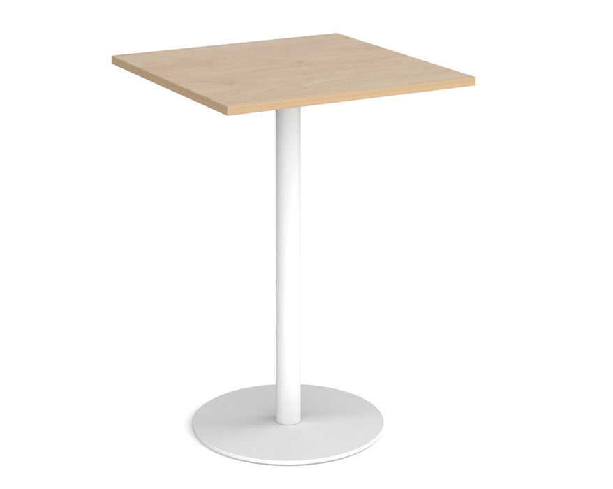 Monza square poseur table with flat round brushed steel base